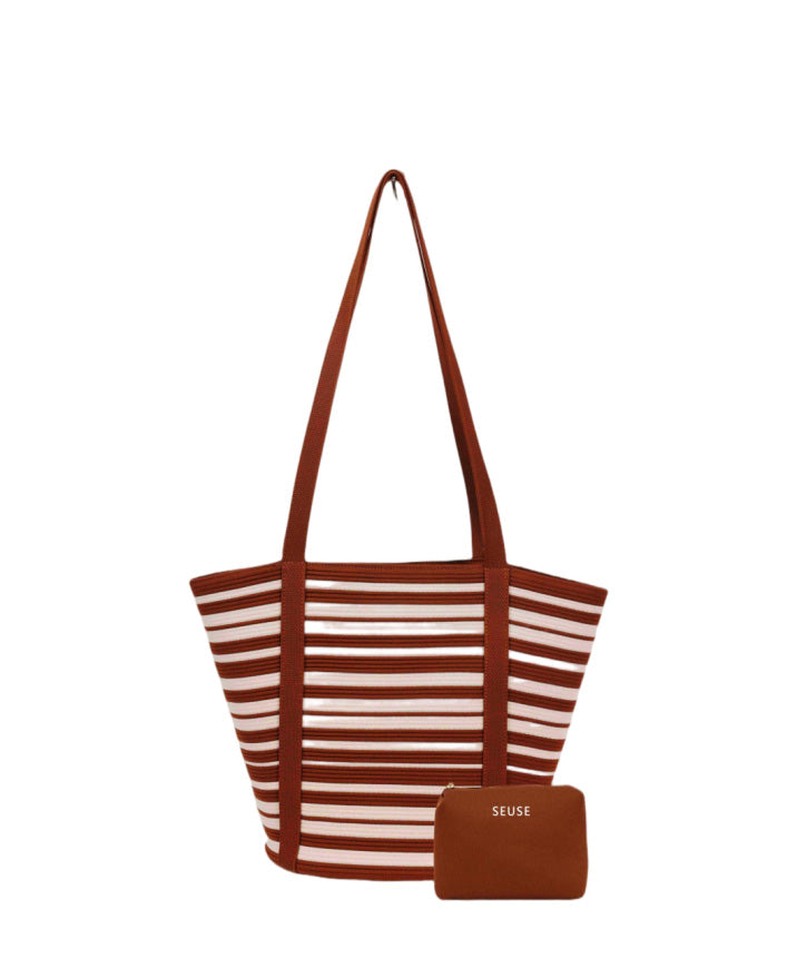 SEUSE Striped Contrast Color Patchwork High-End Luxury Handheld Beach Vacation Casual Tote Bag
