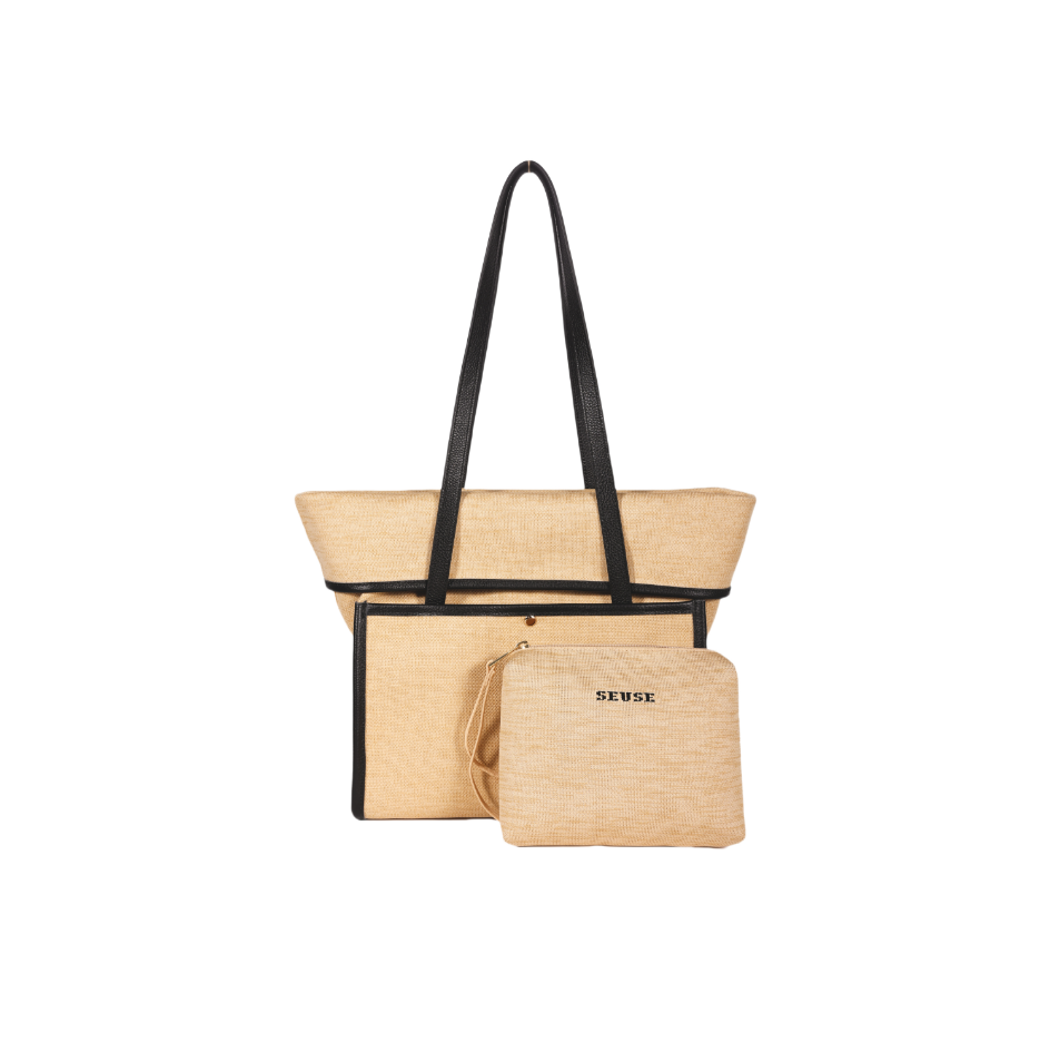 [SEUSE] Woven Leather Luxury Simple Foldable Large Capacity Lightweight Shoulder Classic Tote Bag
